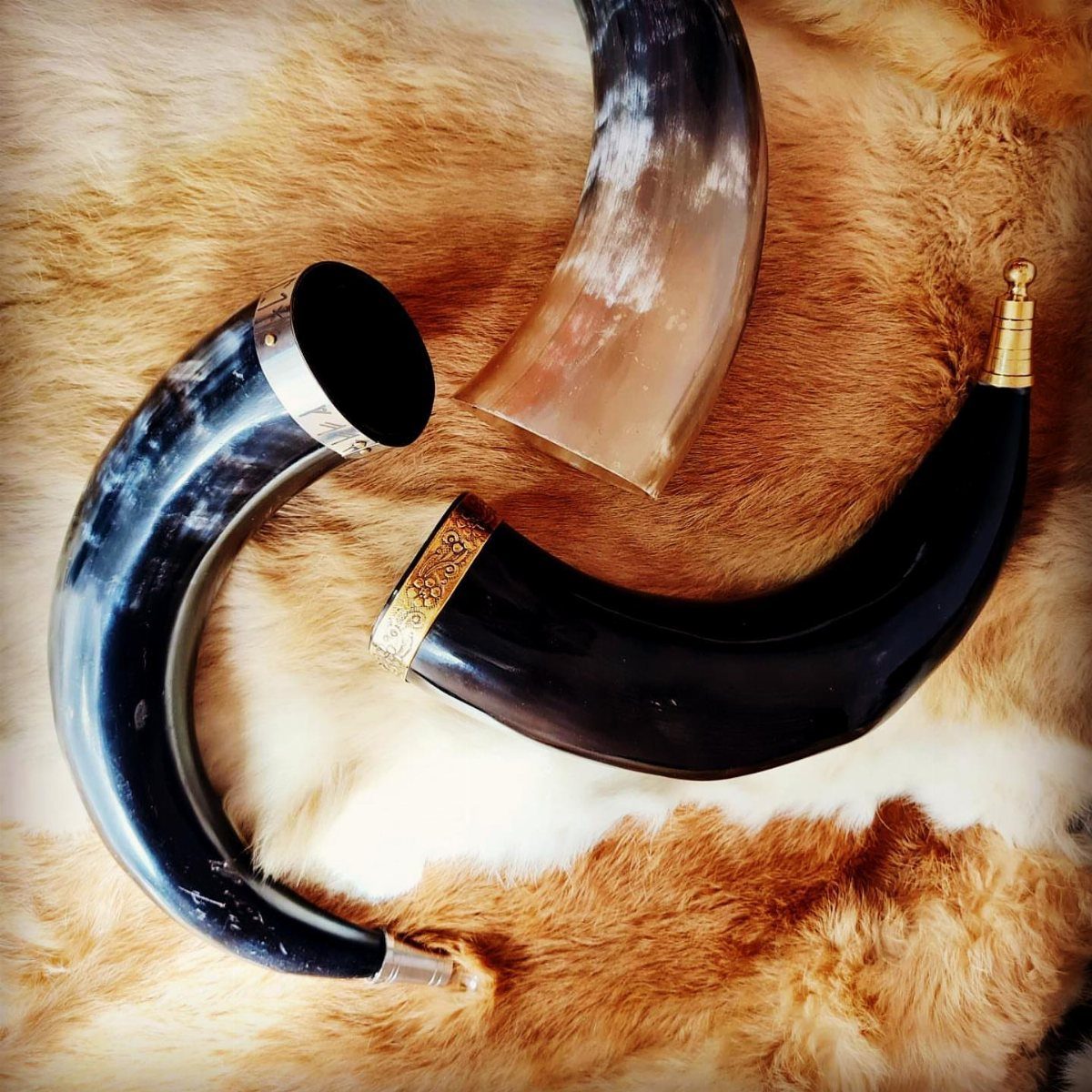 Three drinking horns resting on a brown and white faux fur rug