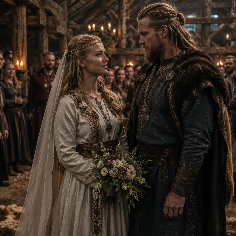Couple in Norse wedding outfits, woman in cream gown and man in fur cloak.