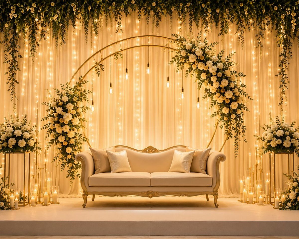 19 Wedding Backdrop Decorations for Any Ceremony Style 14 Wedding backdrop with gold circular arch, white flowers, fairy lights, and cream sofa.