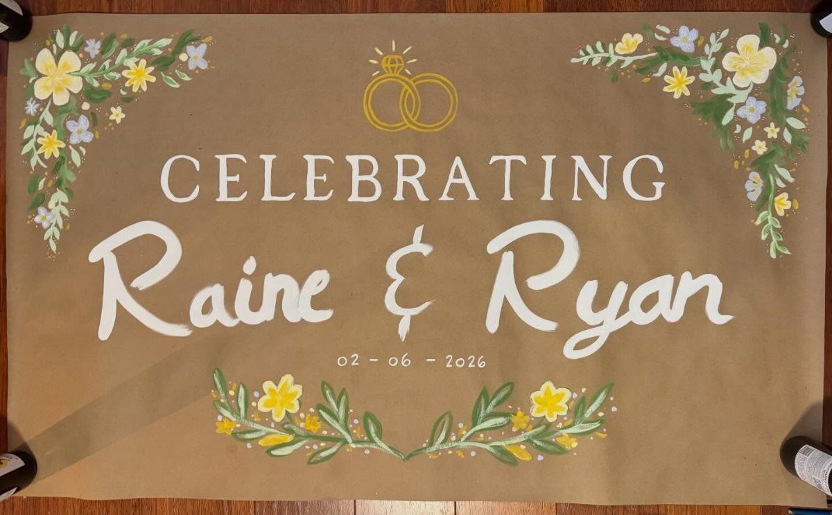 19 Wedding Backdrop Decorations for Any Ceremony Style 10 Hand-painted brown canvas wedding banner with floral accents and names Raine and Ryan.