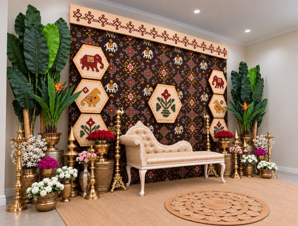 19 Wedding Backdrop Decorations for Any Ceremony Style 13 Decorative backdrop with patterned fabric, a cream chaise lounge, and gold floral arrangements.