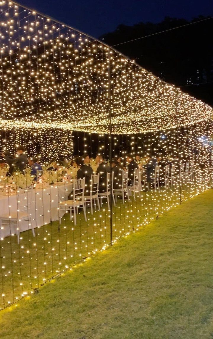 19 Wedding Backdrop Decorations for Any Ceremony Style 12 Dining table enclosed by a canopy and walls of warm white string lights