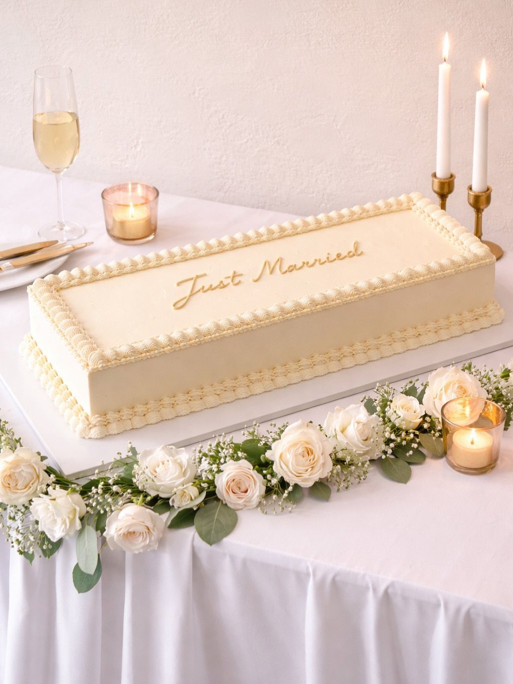 Rectangular white wedding cake with gold lettering surrounded by white roses and candles.