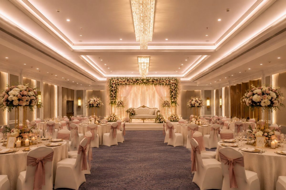 Luxurious banquet hall with white tables, pink ribbons, and a floral wedding altar.