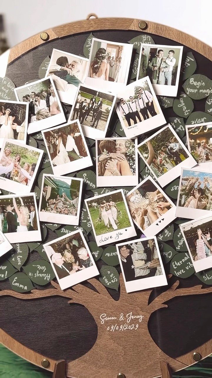 19 Wedding Decorations at Home: DIY Ideas to Try 13 Circular wooden guest book with Polaroid photos and leaf notes on a tree silhouette.