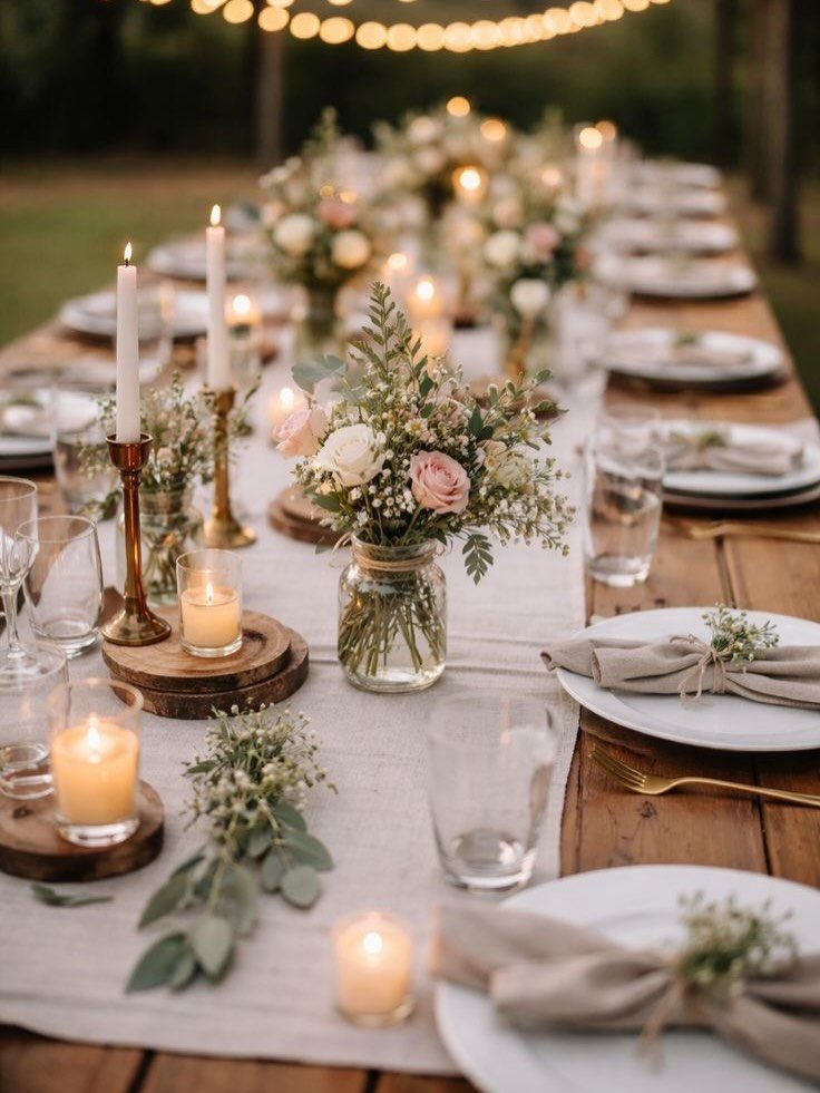 19 Wedding Decorations at Home: DIY Ideas to Try 12 Wooden wedding table with a light fabric runner, floral centerpieces, and glowing candles.