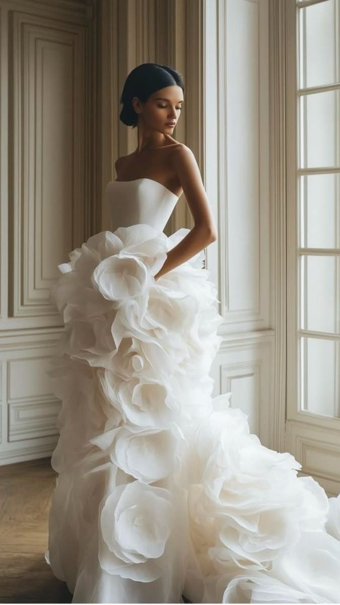 Woman in a luxury strapless white wedding dress with large floral fabric ruffles.