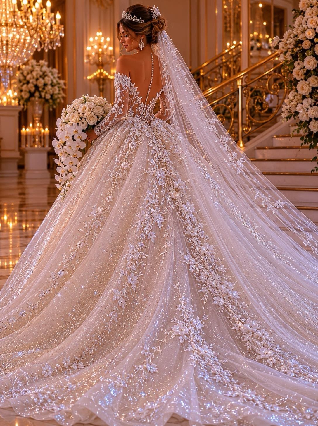 Woman in a sparkling white haute couture wedding gown with a long dramatic train.