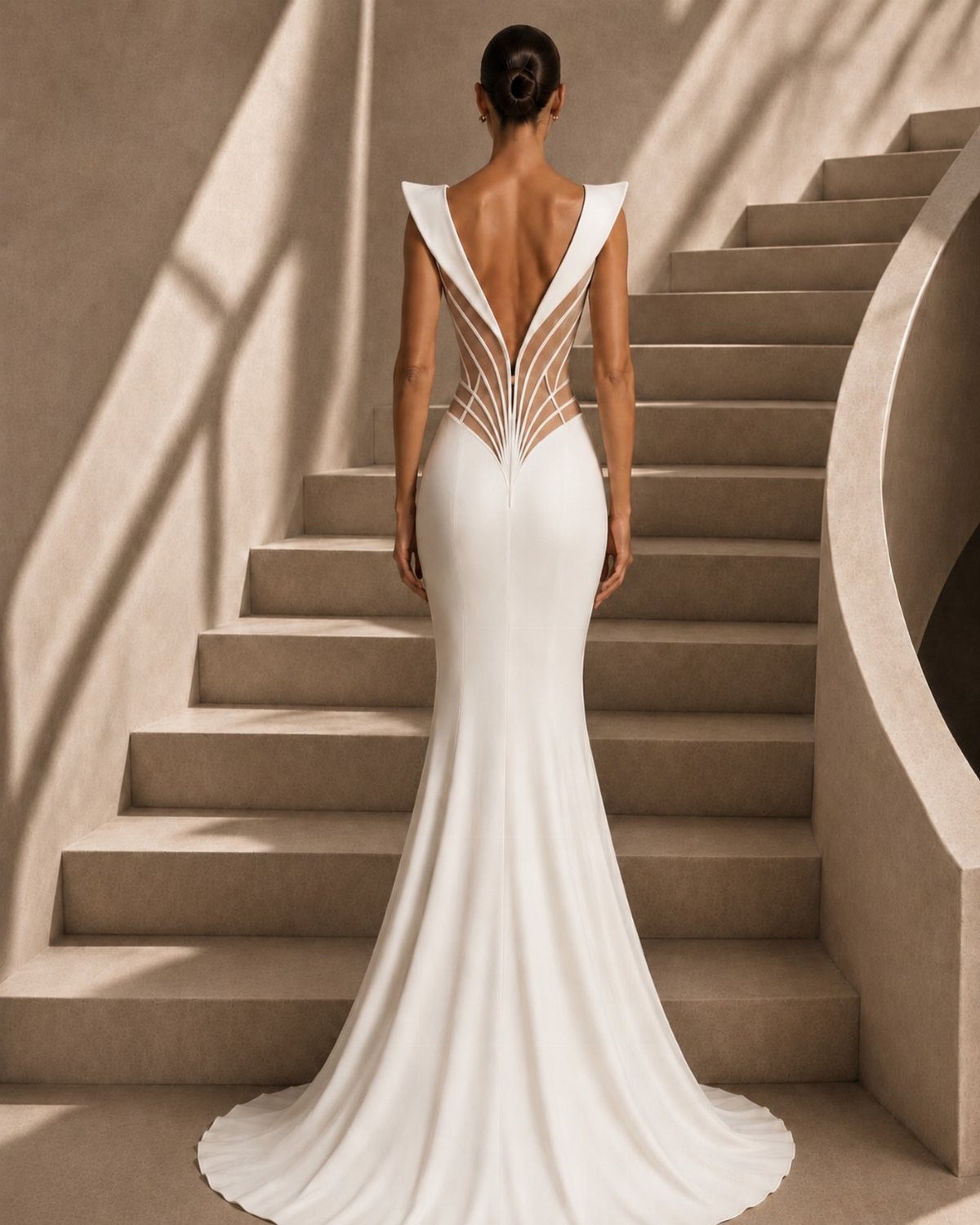 Woman in a white architectural wedding dress standing on a curved concrete staircase.