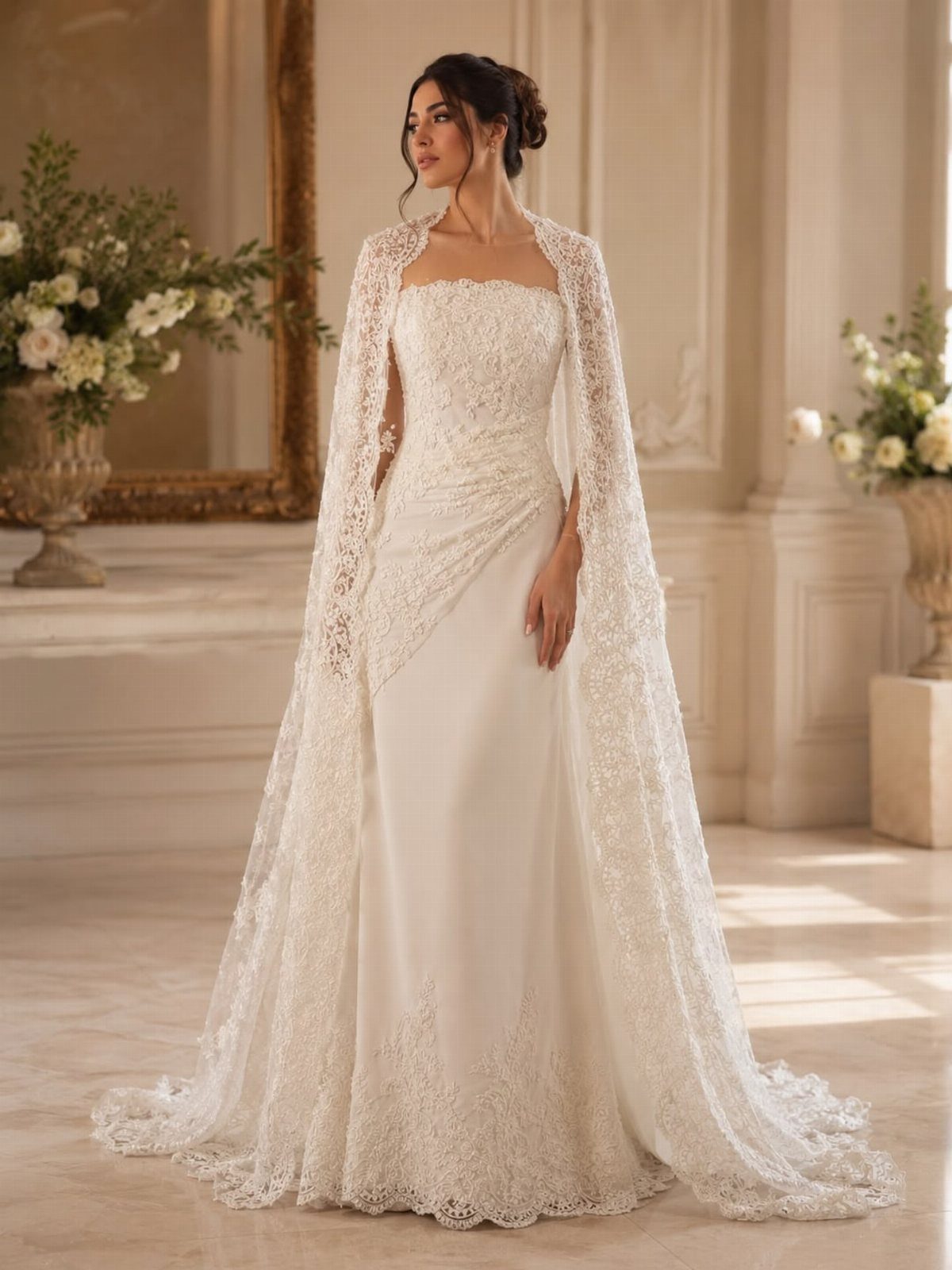 Wedding Dress Options: 8 Silhouettes From A-Line to Vintage 6 Woman in a sleek white sheath wedding dress with a long lace cape.