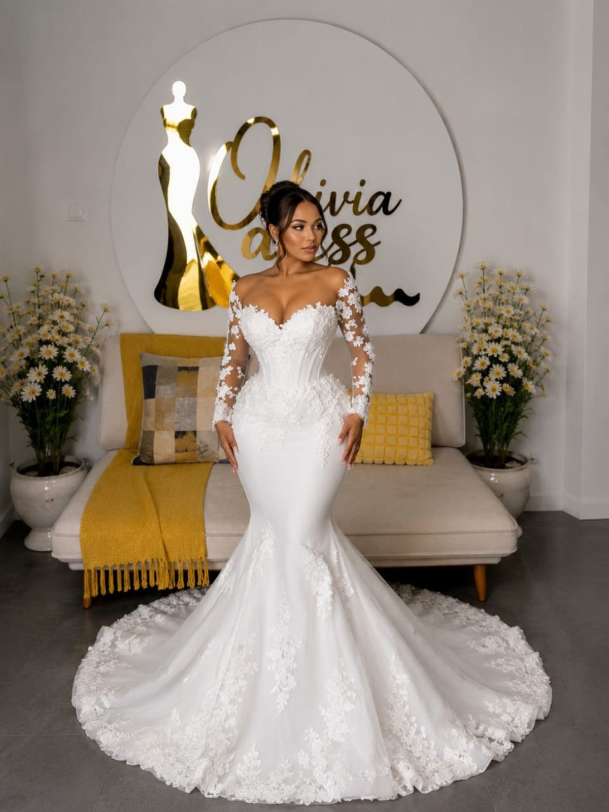 Wedding Dress Options: 8 Silhouettes From A-Line to Vintage 7 Woman in a white lace trumpet wedding dress posing in a bright room.