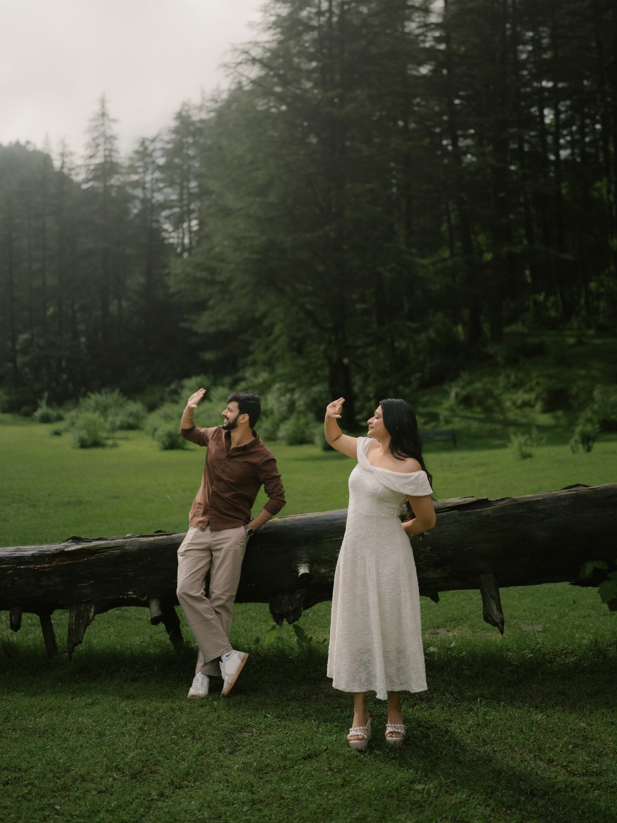 Couple posing playfully by a fallen log in a green meadow with forest background.