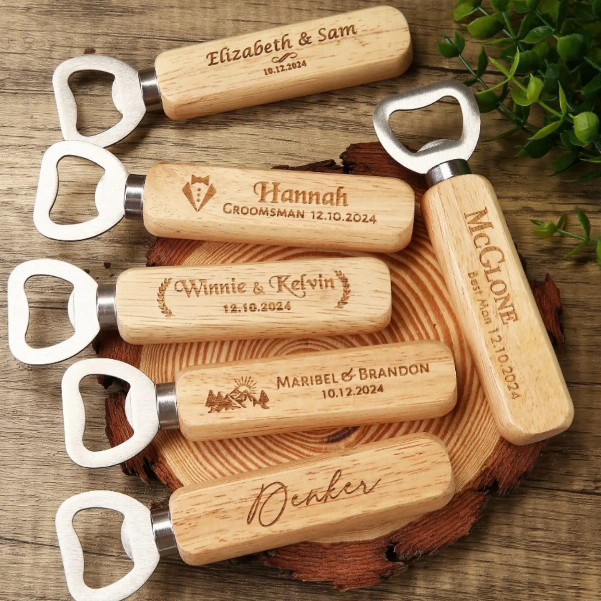 30 Wedding Guest Keepsakes Your Guests Will Actually Use 24 Personalized wooden bottle openers with engraved names resting on a rustic wood slice.