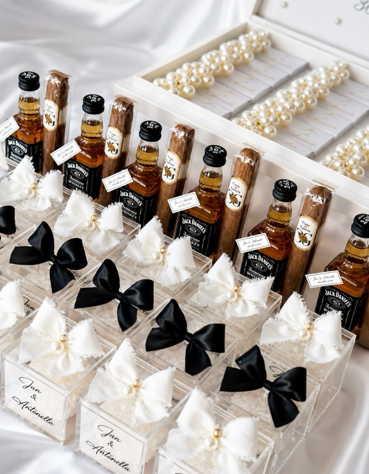 30 Wedding Guest Keepsakes Your Guests Will Actually Use 21 Mini whiskey bottles and cigars in gift boxes with satin bows and name tags.