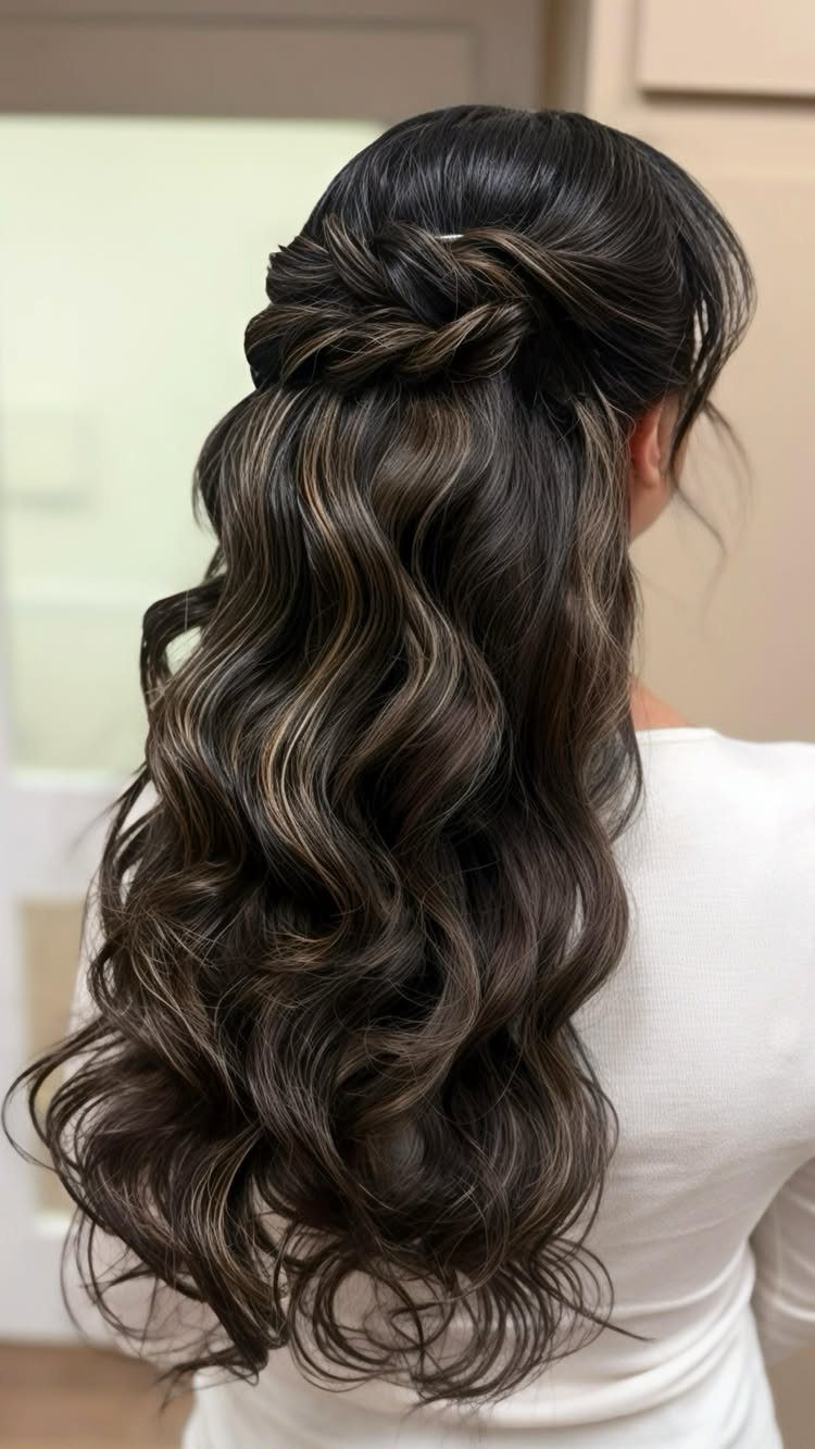 Wedding Hair and Makeup Ideas: 8 Looks for Every Bride 7 Long wavy brunette hair with highlights styled in a half-up twisted bridal look.