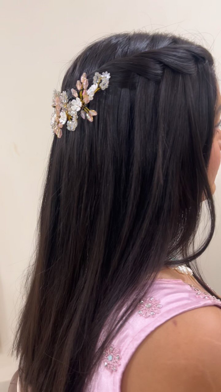 Wedding Hair Styles for Straight Hair: 9 Ideas 6 Long straight dark brown hair with a twisted top section and floral clip.