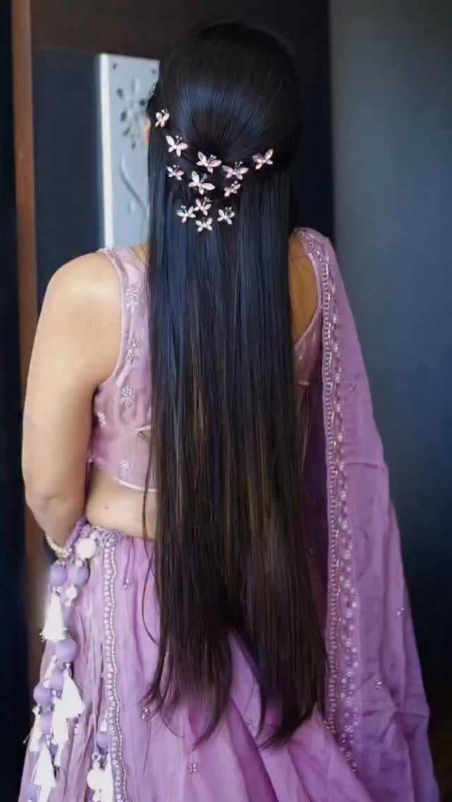 Wedding Hair Styles for Straight Hair: 9 Ideas 7 Long straight dark hair with silver butterfly clips and purple traditional dress