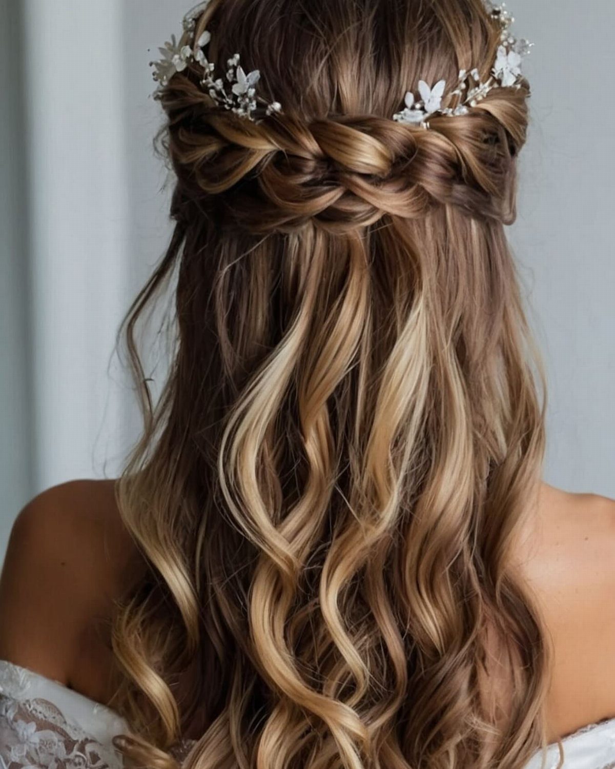 Balayage hair in a half-updo with a braid and white floral accents.