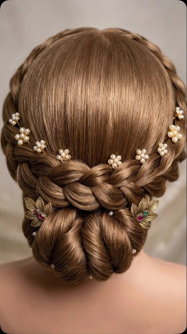 Intricate braided updo with pearl flower accessories and gold leaf pins on brown hair.