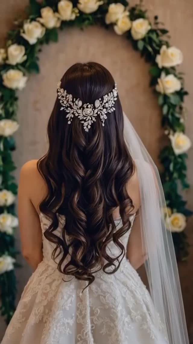 Woman with long curly brown hair wearing a white wedding dress and veil.