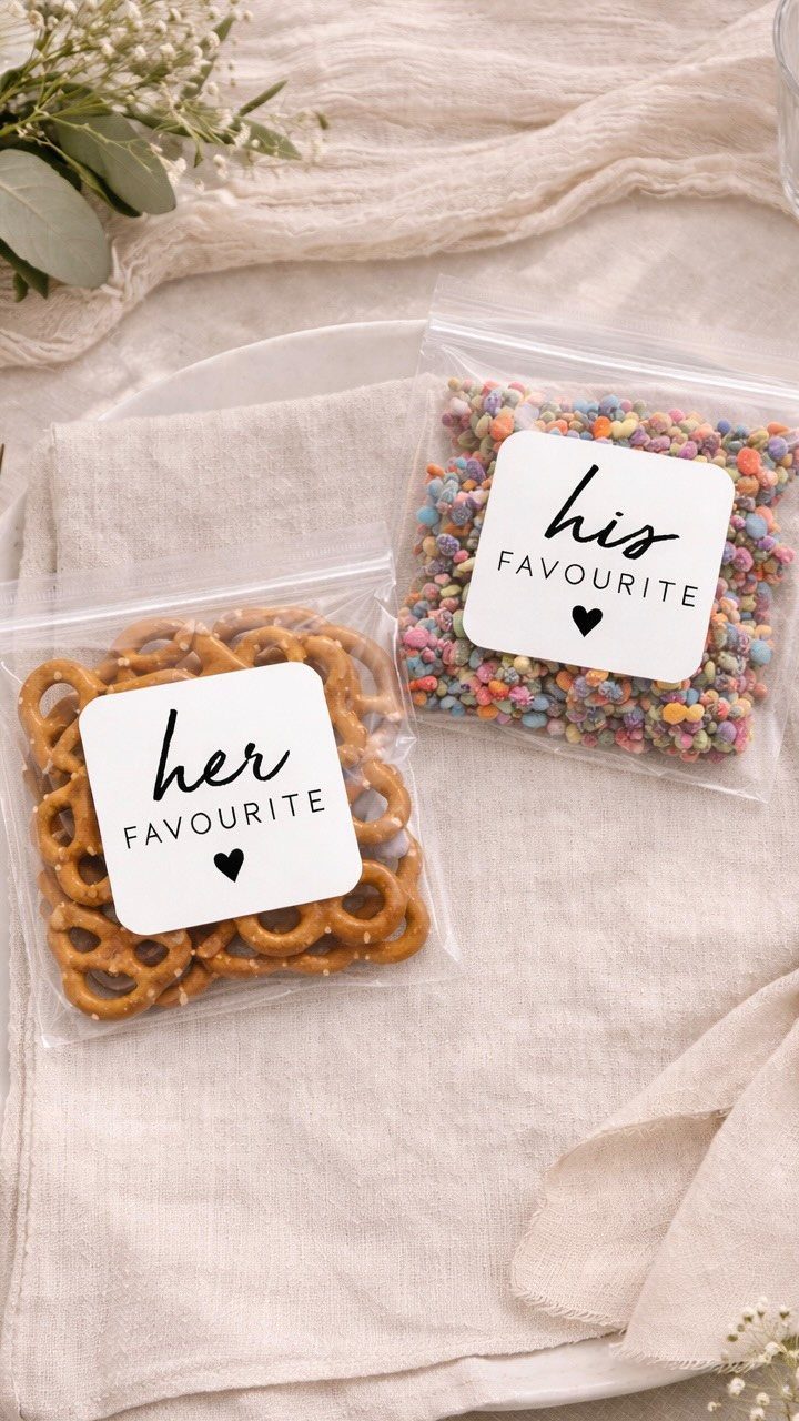 Two snack bags labeled his and her favourite on a beige linen cloth.