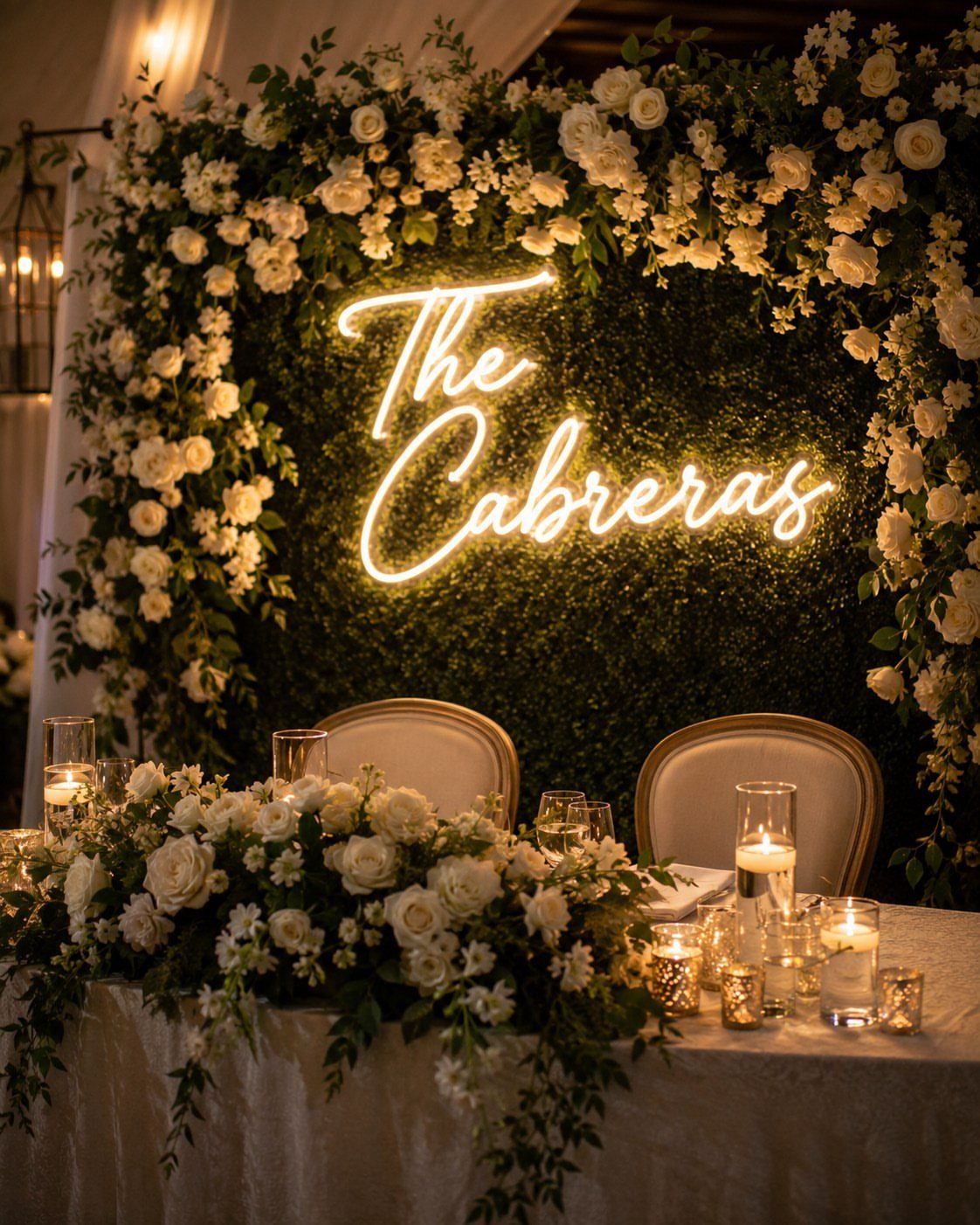 Neon sign reading The Cabreras on a green hedge wall with white roses.