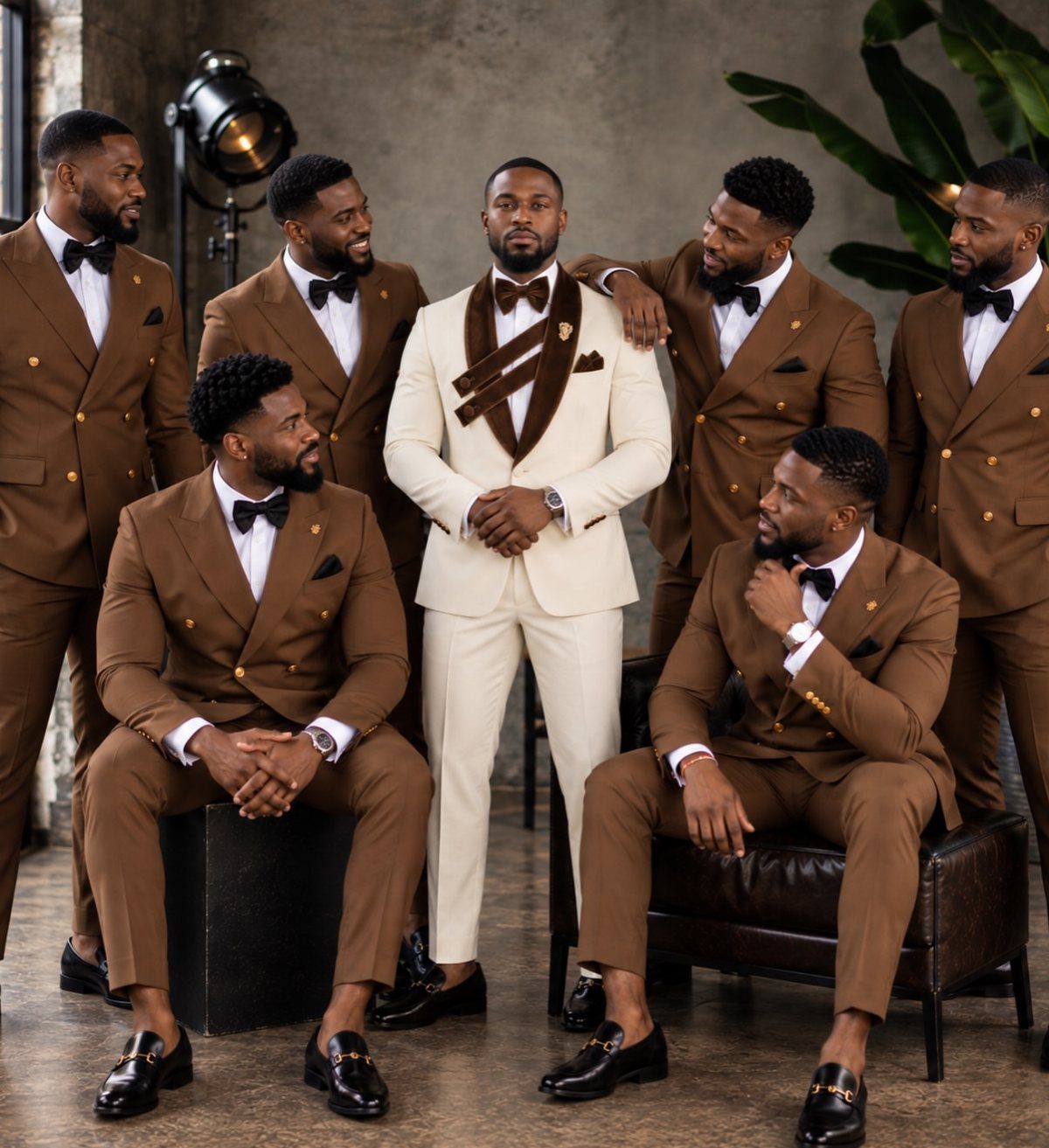 Groom in cream suit with groomsmen in brown tailored suits posing together.