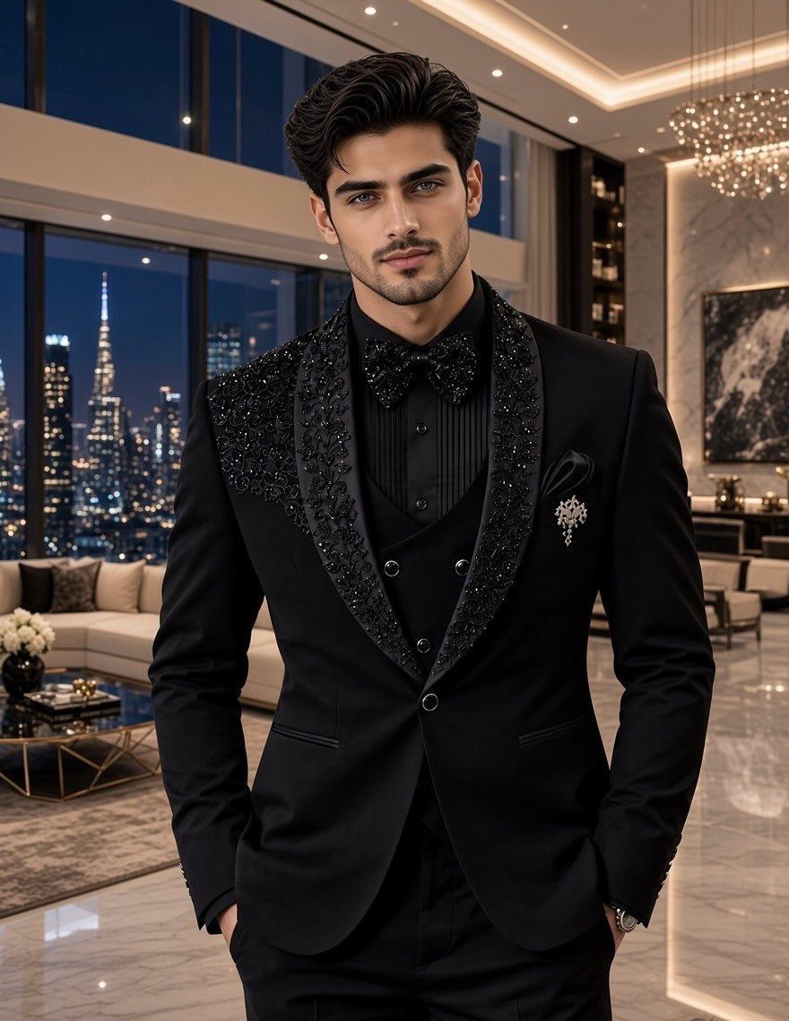 Man in a black tuxedo with sequined lapels posing in a luxury apartment.