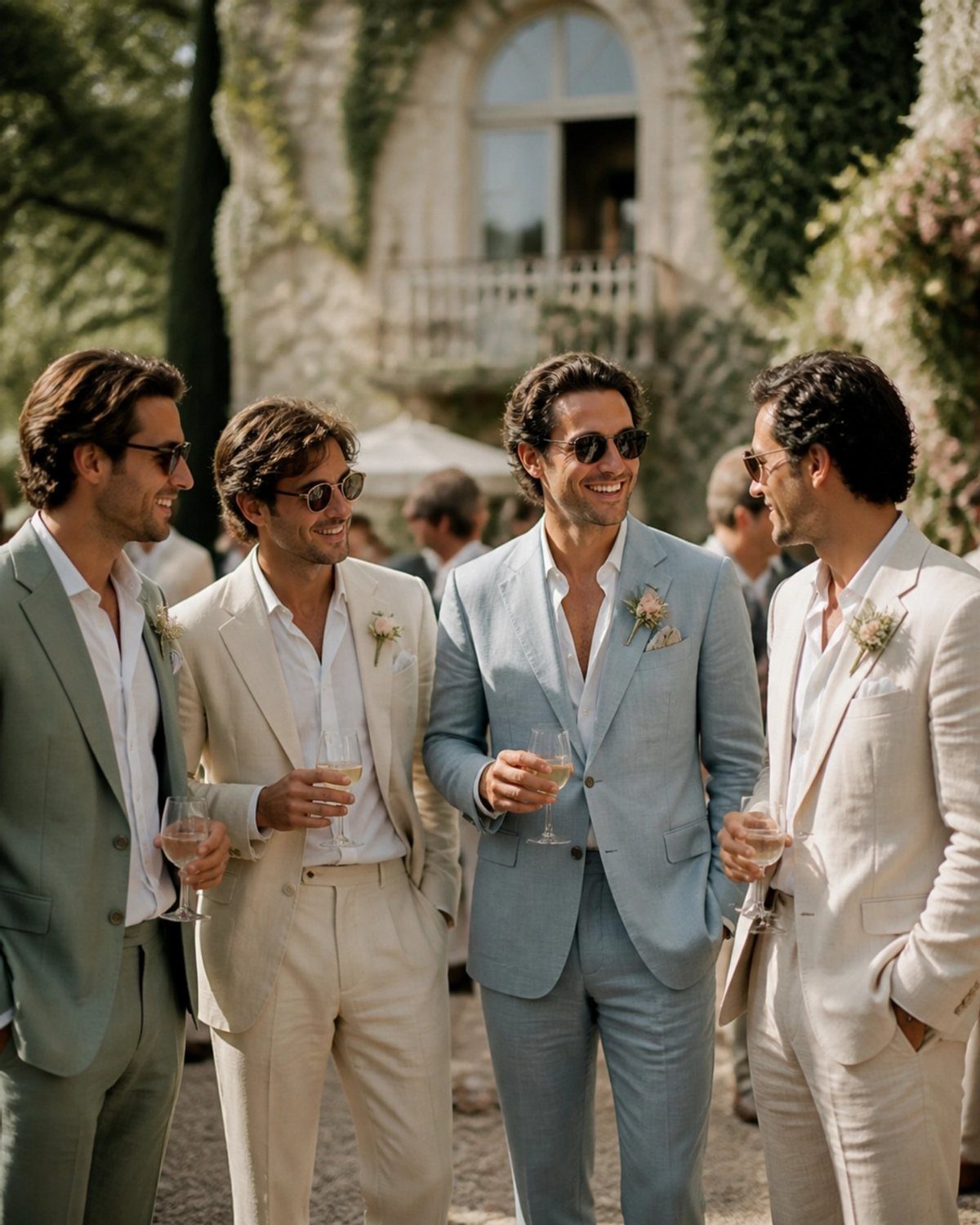 Four men in light-colored linen suits holding champagne glasses at an outdoor wedding.