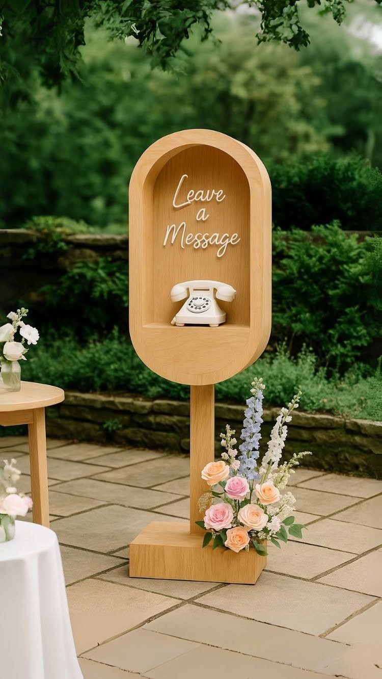 Wooden audio guestbook station with vintage white phone and floral arrangement outdoors.