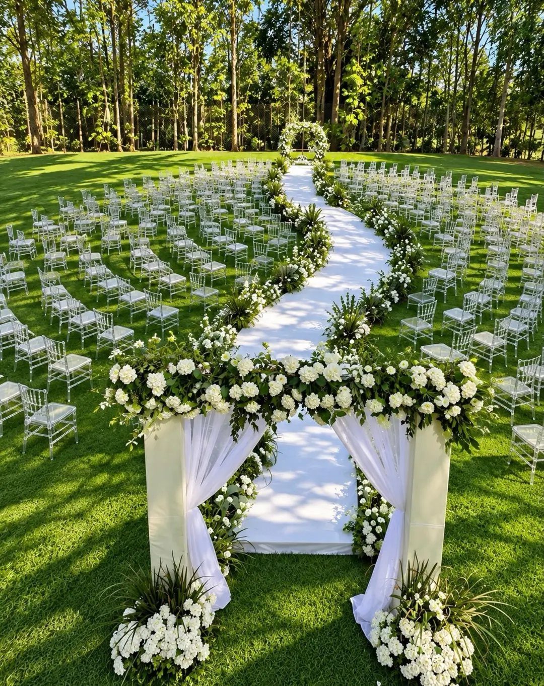 Curved white aisle runner with floral borders leading to a circular wedding arch.