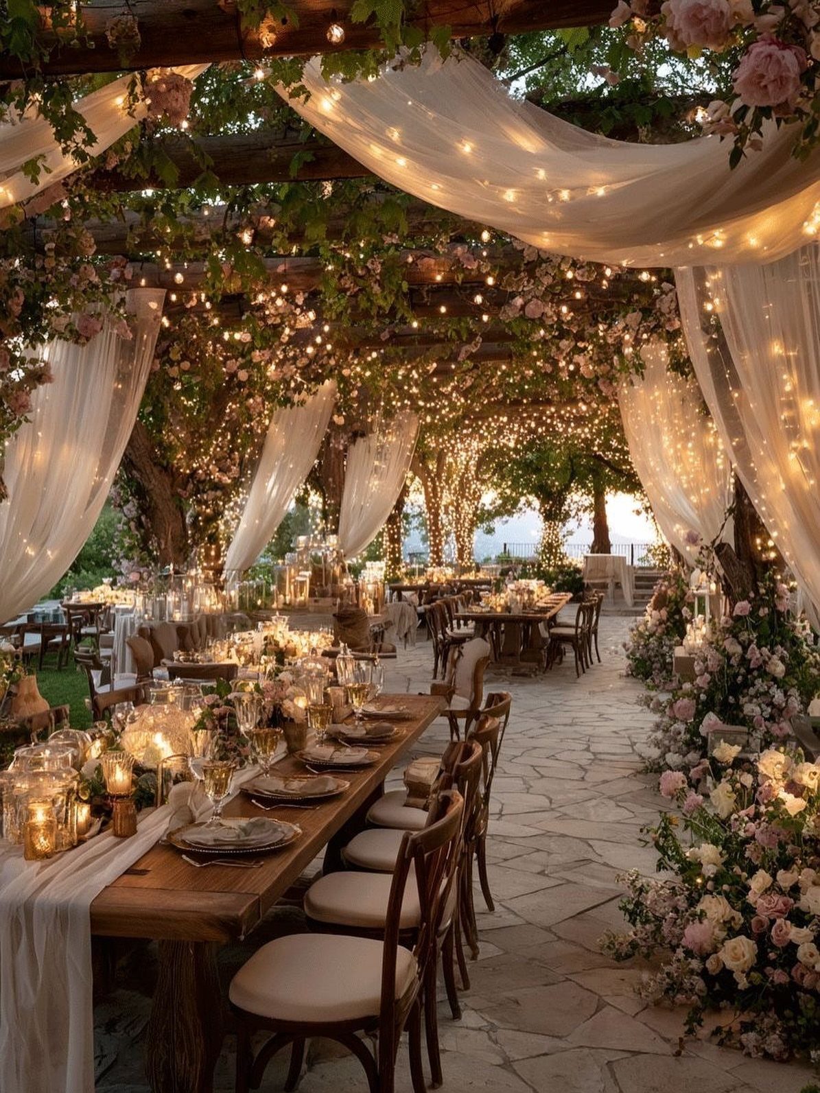 Wooden wedding pergola decorated with white draped fabrics, fairy lights, and pink flowers.