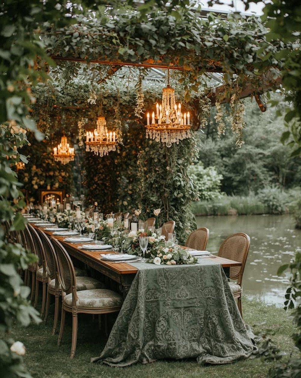 Wooden wedding table under a vine-covered pergola with hanging crystal chandeliers by a pond