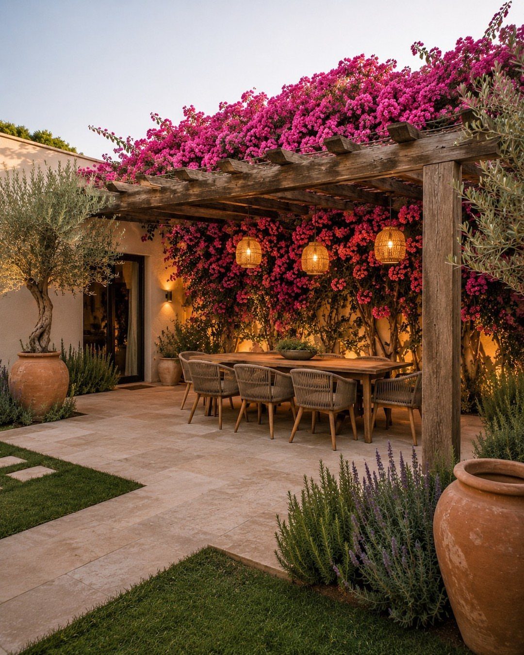 Wooden pergola with woven pendant lanterns hanging over an outdoor dining table and pink flowers.