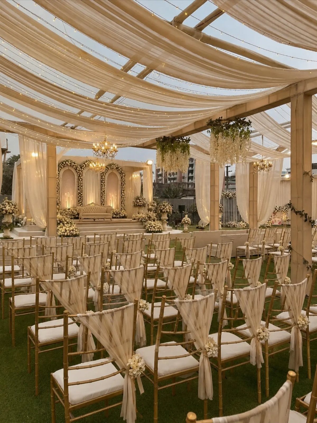 Wedding pergola with draped cream fabric, fairy lights, and gold guest seating arrangements.