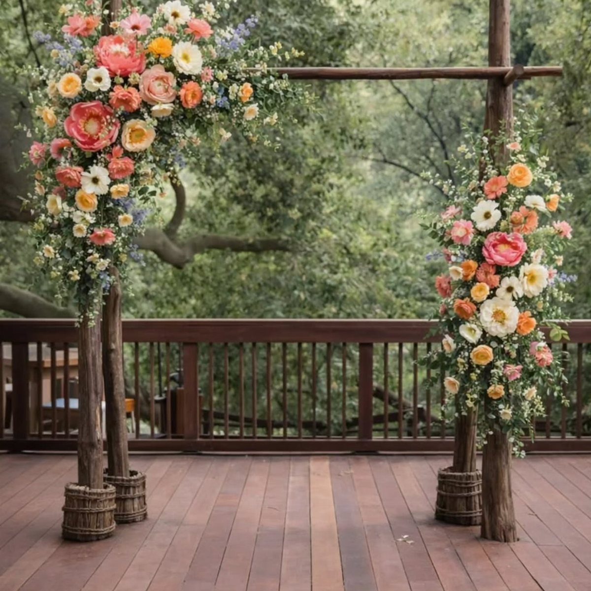Wooden wedding pergola decorated with colorful floral arrangements on a rustic outdoor deck.