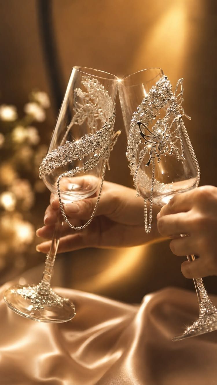 22 Wedding Present Ideas for Couples to Treasure 16 Two crystal-encrusted champagne glasses being toasted against a warm golden background.
