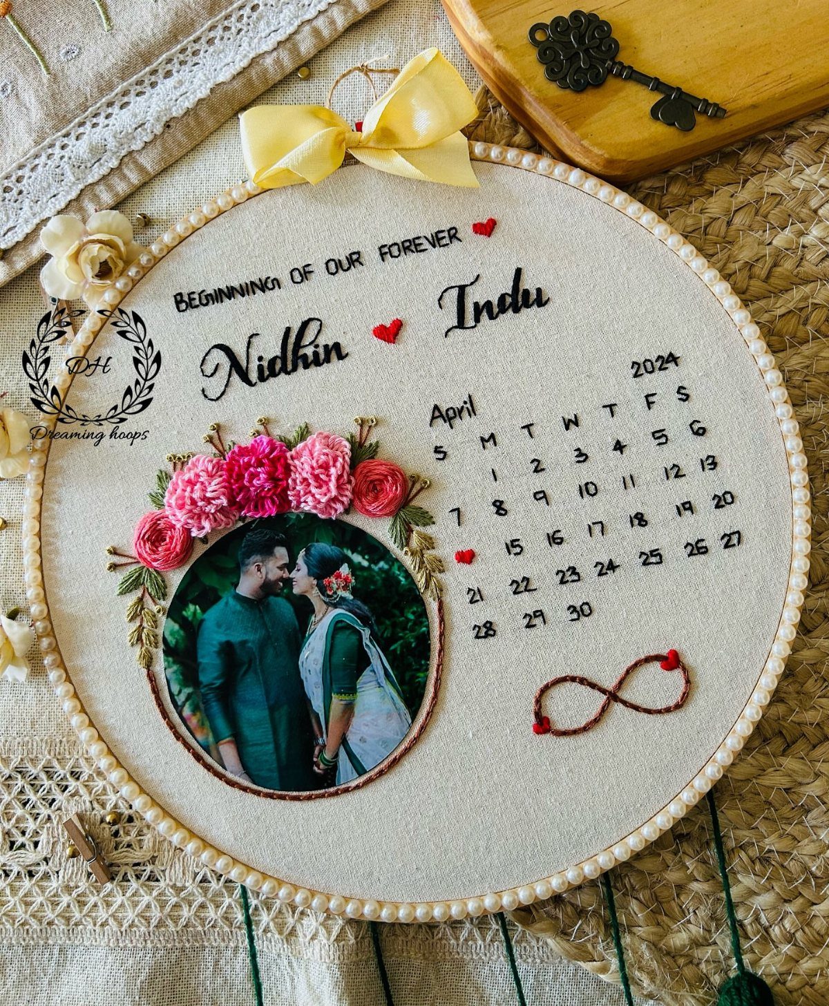 22 Wedding Present Ideas for Couples to Treasure 5 Embroidered hoop art with a couple's photo, names, and a wedding date calendar.