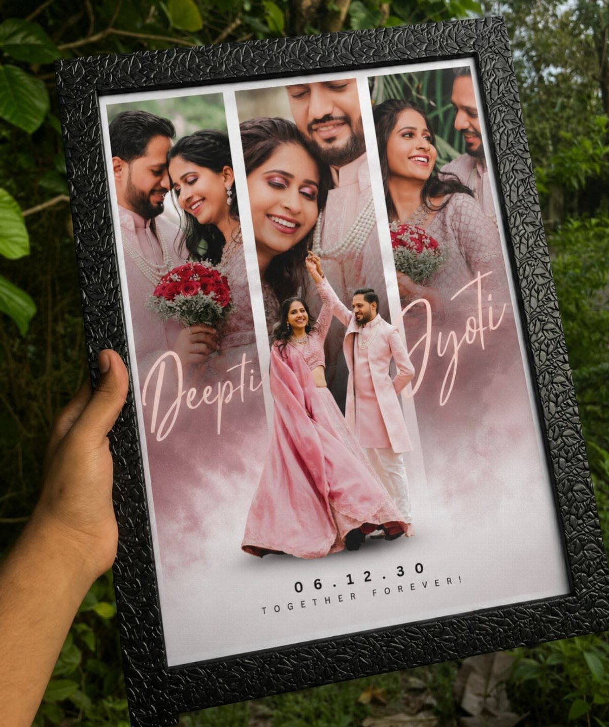 22 Wedding Present Ideas for Couples to Treasure 8 Black textured picture frame holding a wedding photo collage of a couple.