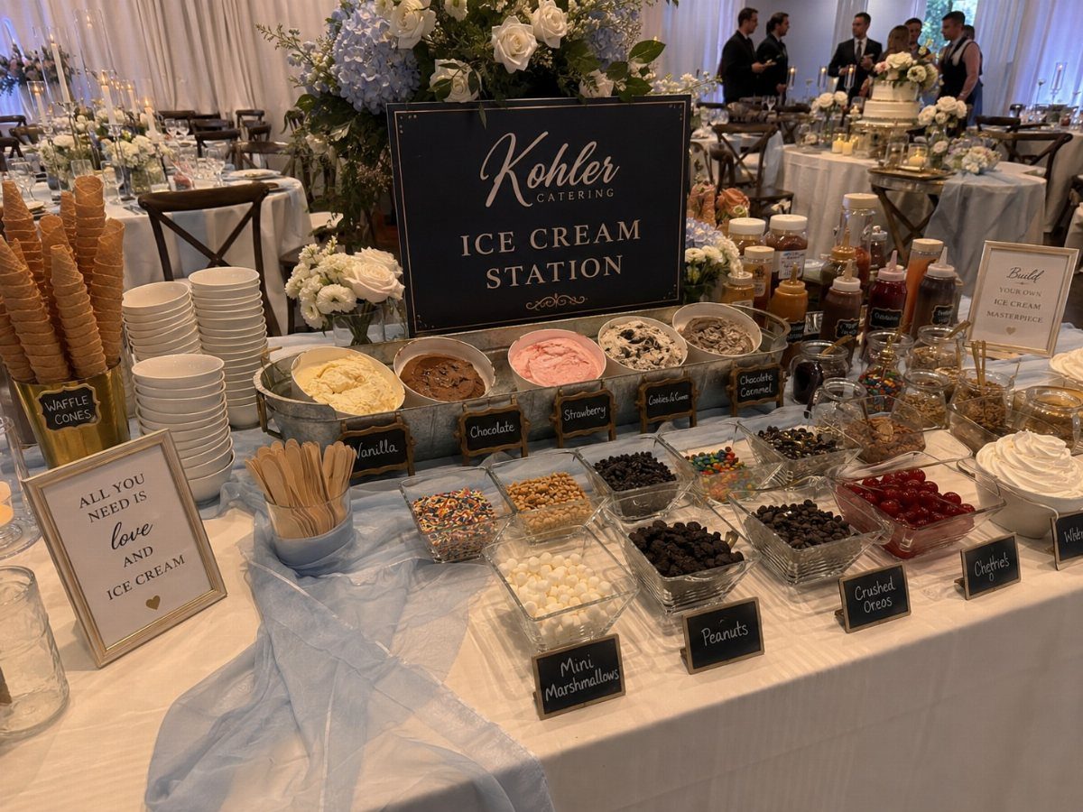 13 Wedding Reception Ideas for Guests Who Love Fun 12 Ice cream station with various flavors, toppings, and waffle cones at a wedding reception.
