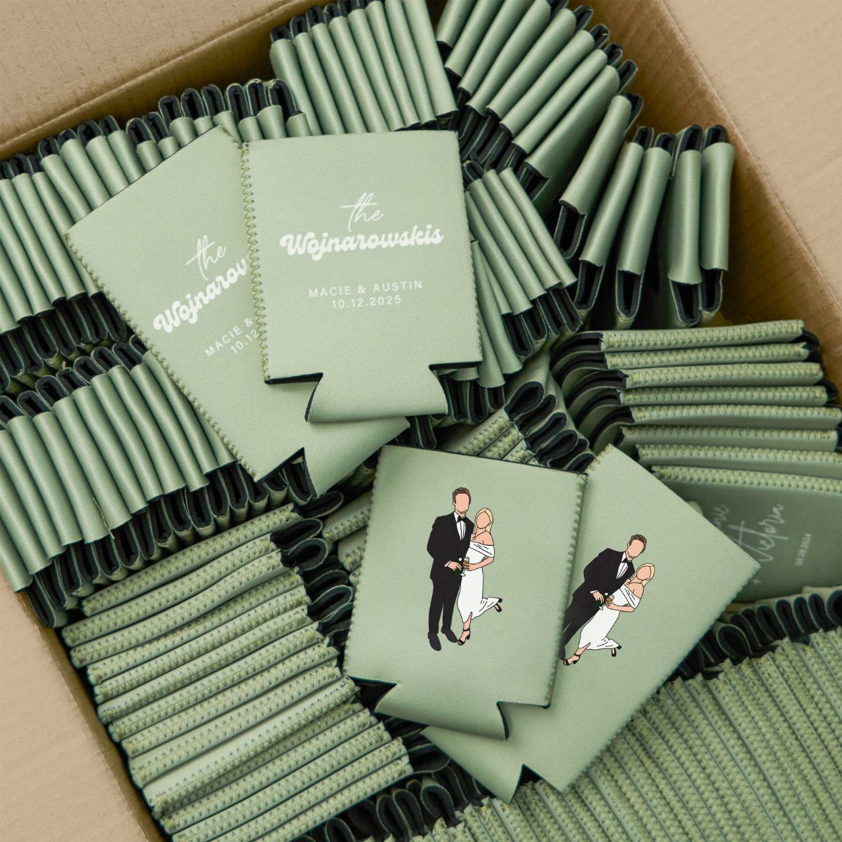 13 Wedding Reception Ideas for Guests Who Love Fun 11 Sage green personalized can coolers with wedding names and cartoon couple illustrations.