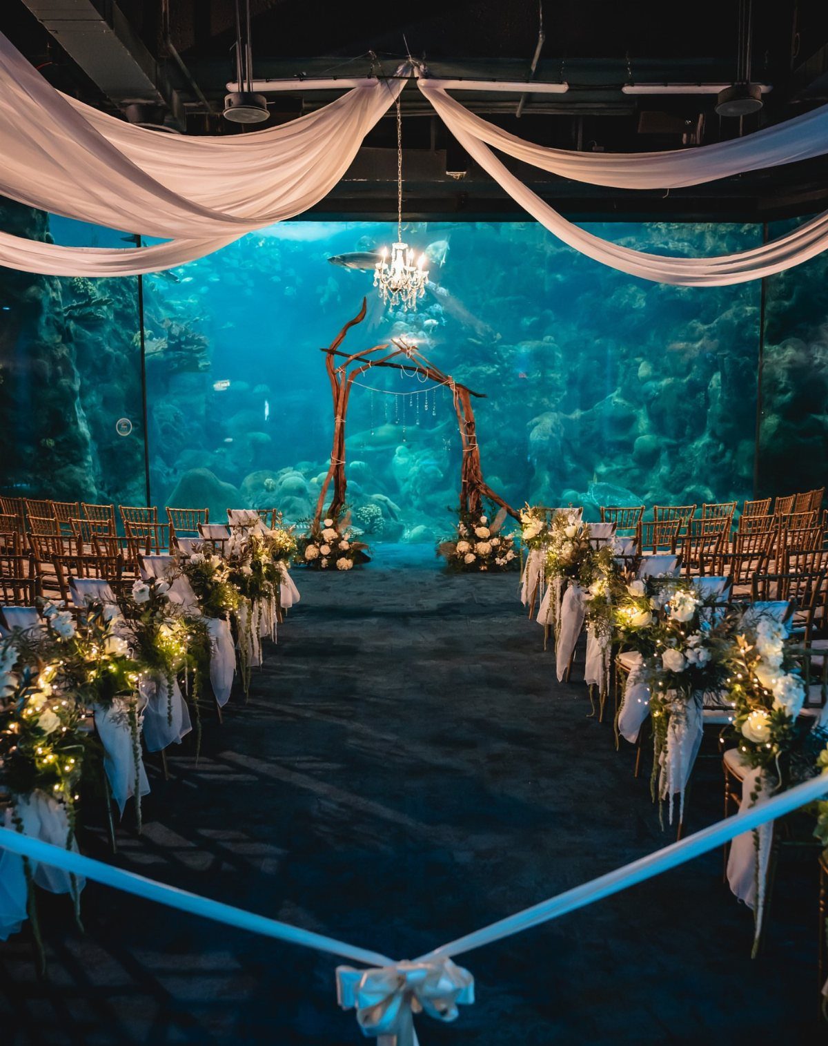 17 Wedding Reception Venues for Every Style and Budget 10 Wedding ceremony setup with a large aquarium tank and rustic wooden arch backdrop.