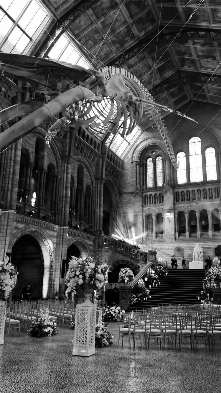 17 Wedding Reception Venues for Every Style and Budget 3 Museum hall with dinosaur skeleton and wedding seating with white floral arrangements