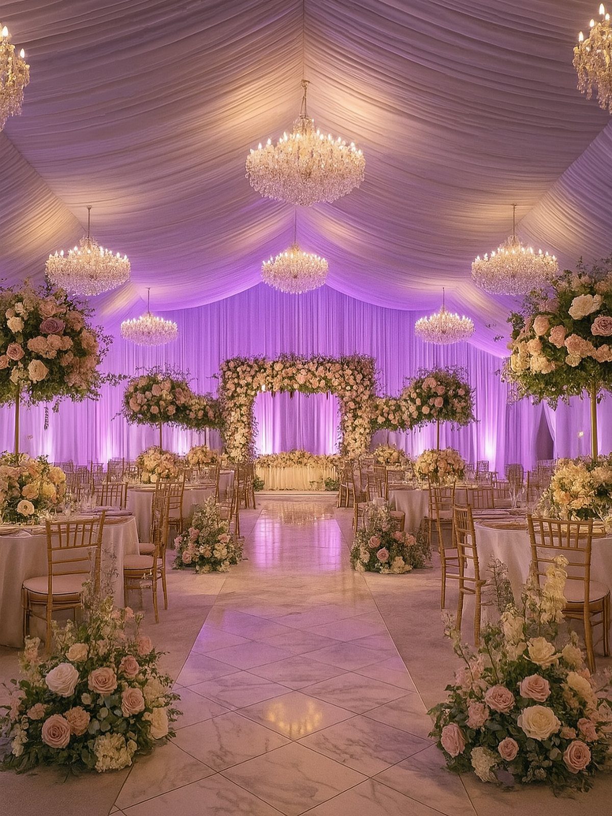 17 Wedding Reception Venues for Every Style and Budget 11 Elegant banquet hall with purple lighting, crystal chandeliers, and lush floral arrangements.