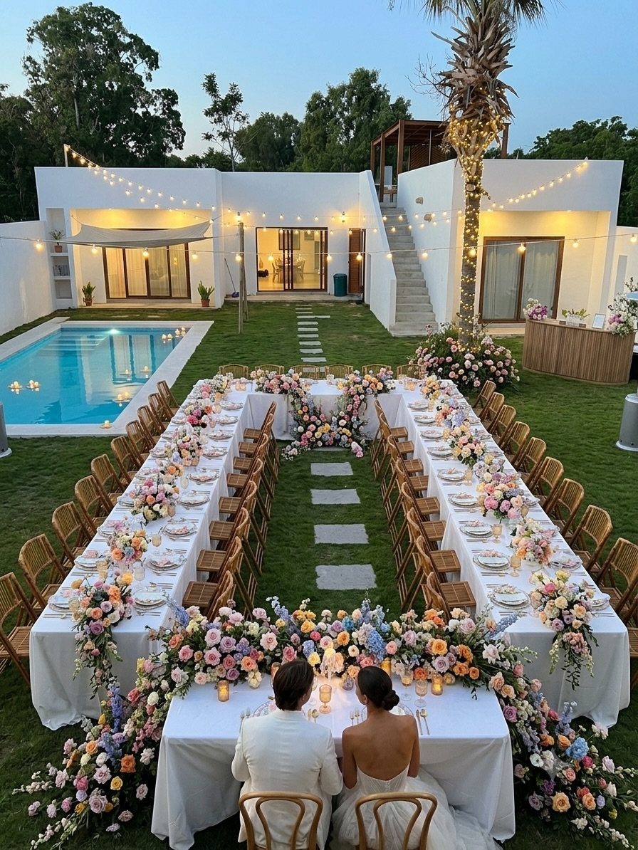 17 Wedding Reception Venues for Every Style and Budget 5 U-shaped wedding dinner table with flowers on a lawn by a white house and pool.