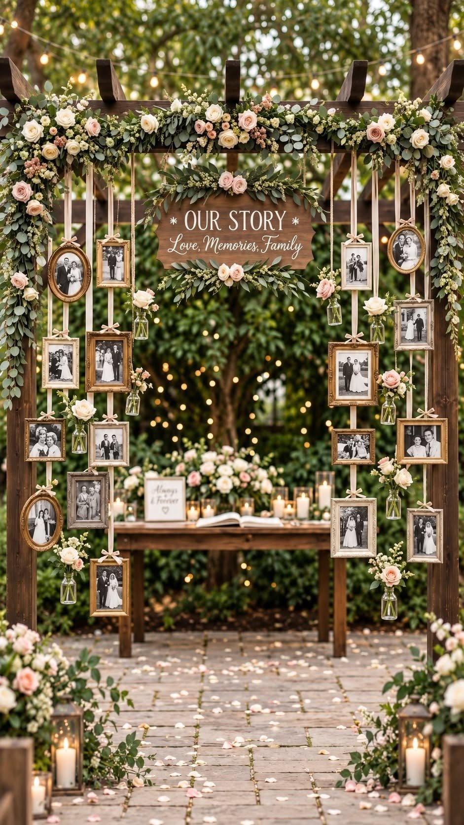 Wooden pergola decorated with hanging wedding photos, roses, and greenery in a garden.