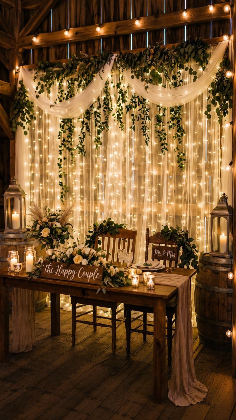 7 Wedding Stage Decorations for Romantic Receptions 3 Rustic wedding table with lanterns and fairy lights against a draped greenery backdrop