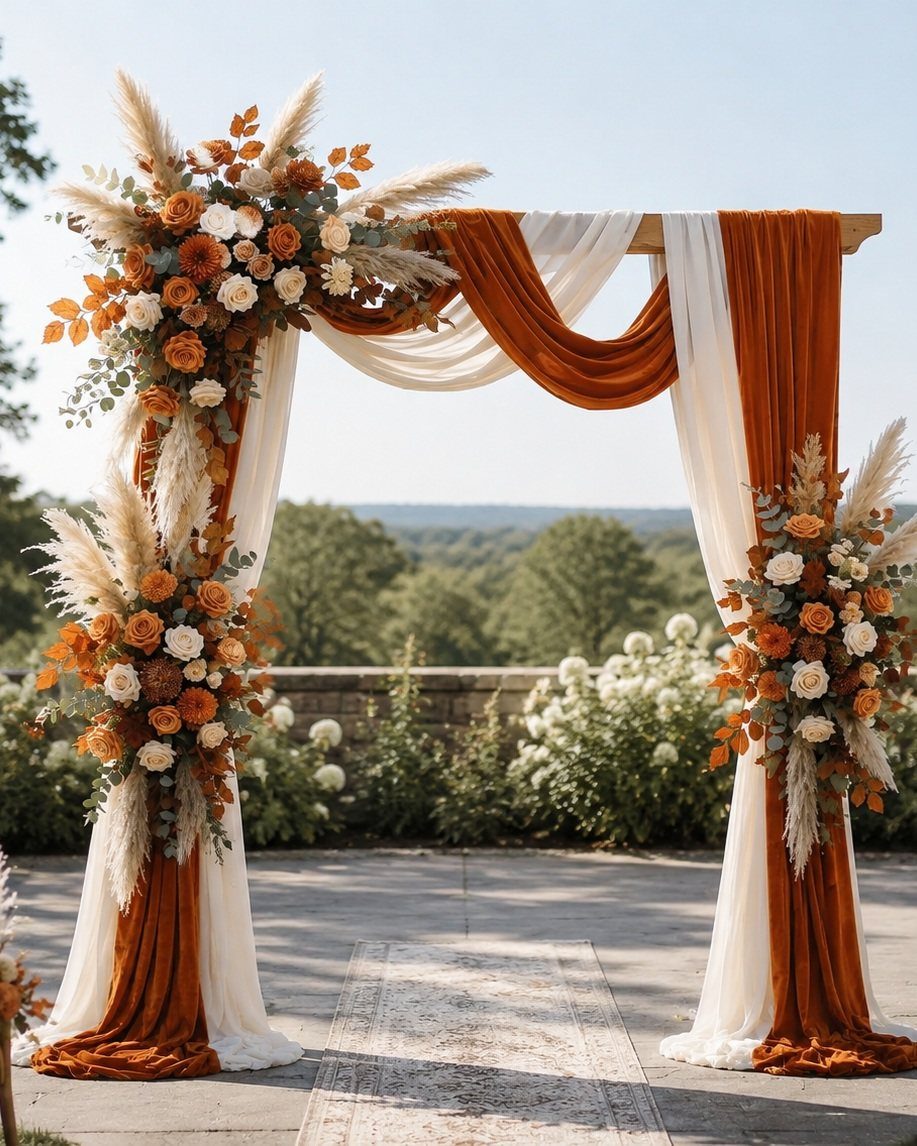 Wooden wedding arch with orange and white fabric and autumn floral arrangements outdoors
