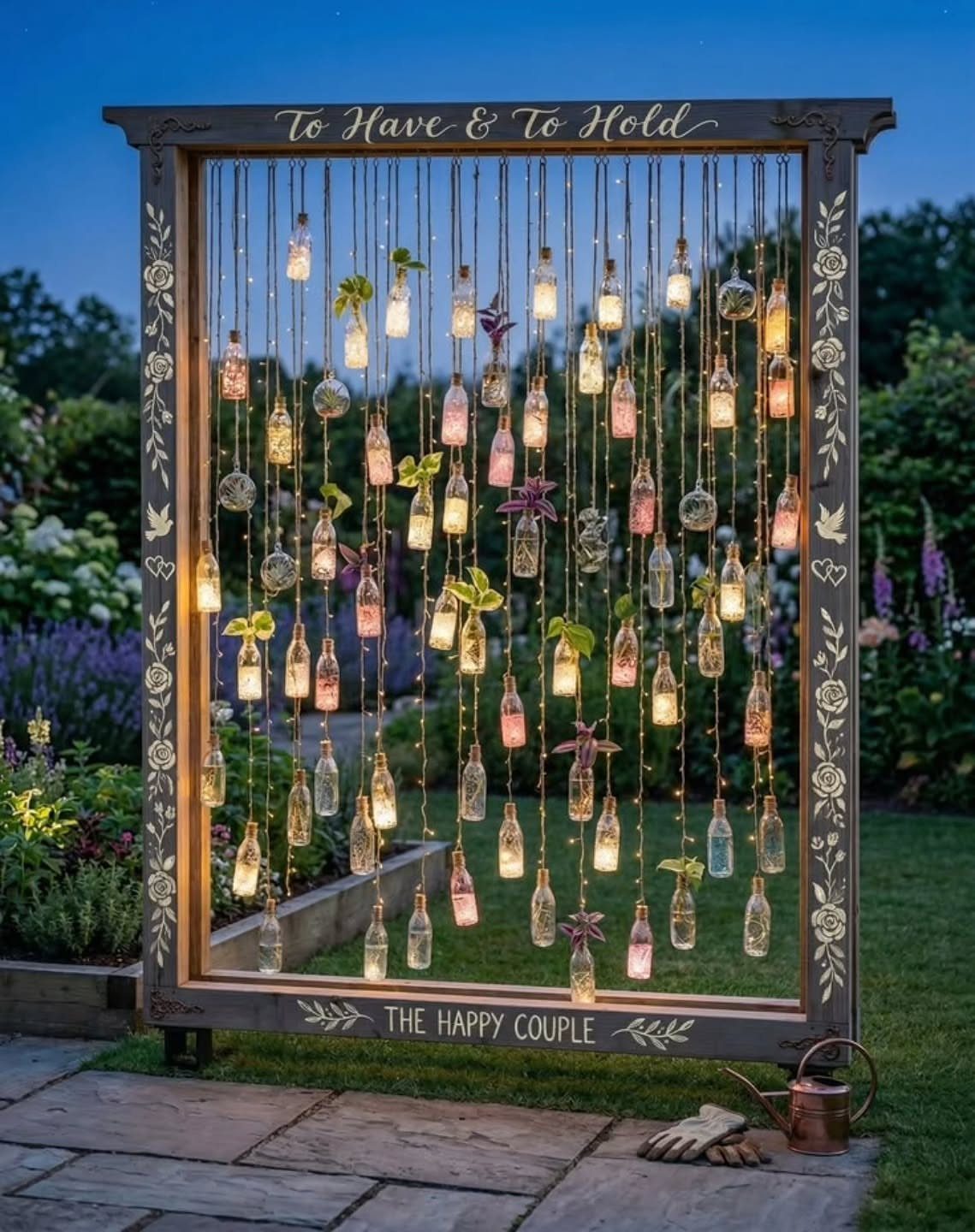 Wooden frame with hanging glass bottles containing lights and greenery in a garden