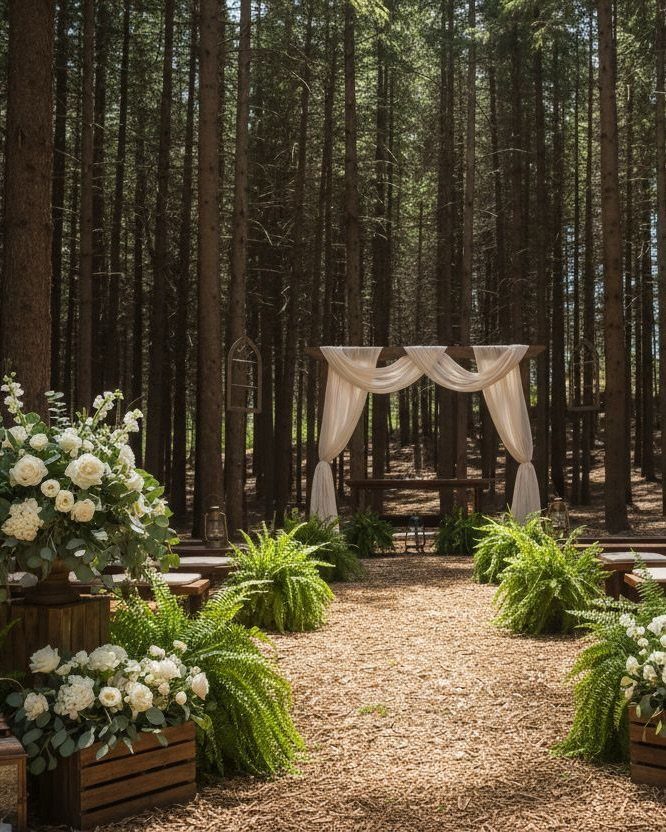 Wedding Venues Western Couples Love: 16 Ideas 7 Outdoor wedding ceremony setup with white fabric arbor in a tall pine forest.